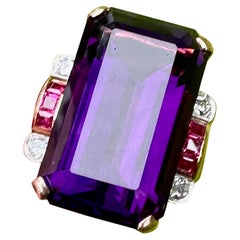 Art Deco 23 Carat Siberian Amethyst Ring Old Mine Diamond Ruby 14 Karat Gold