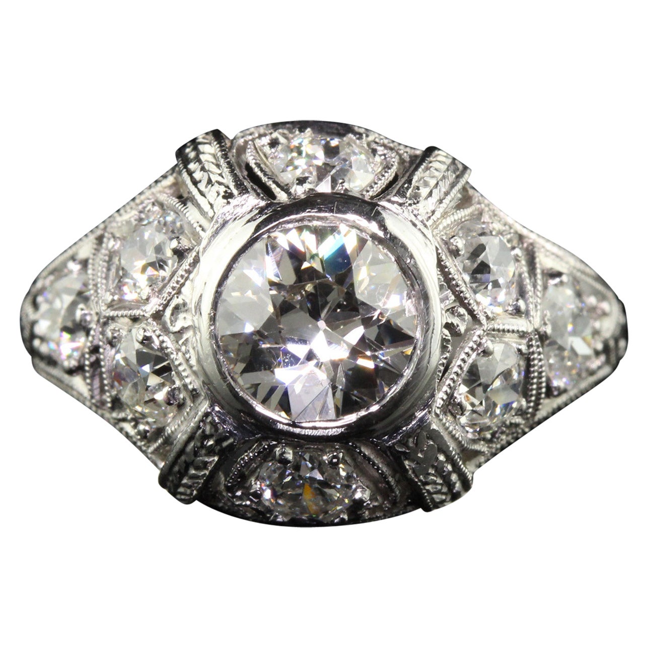Antique Art Deco Platinum Old European Diamond Engraved Engagement Ring For Sale