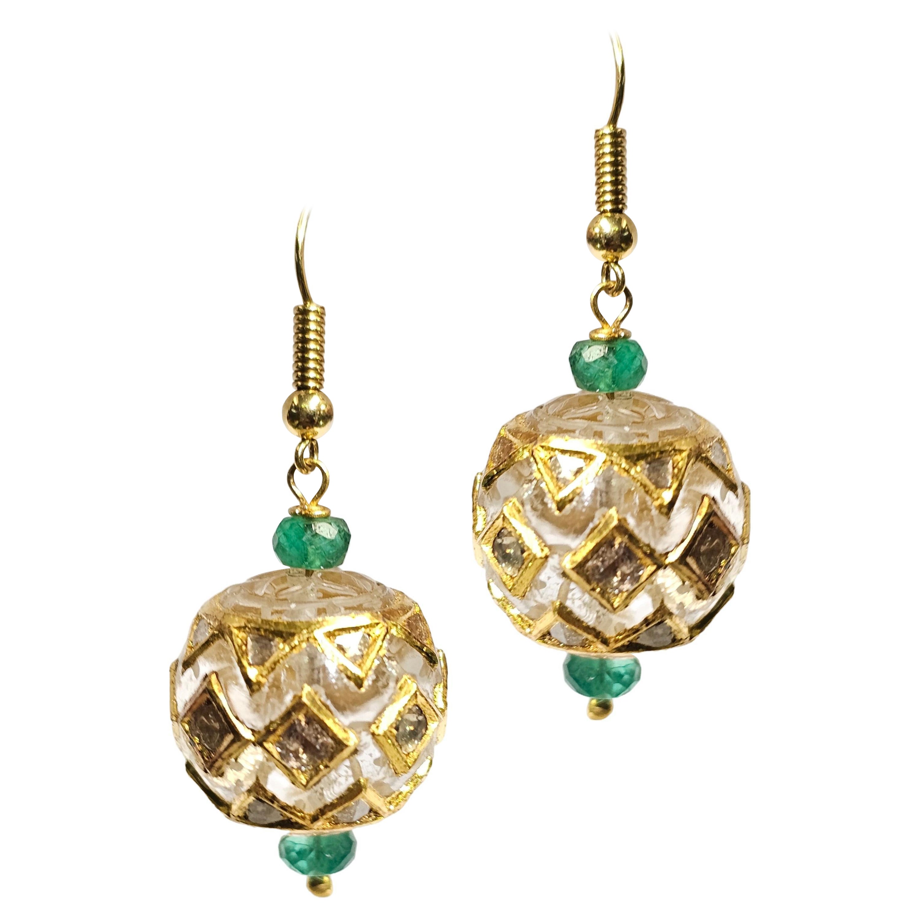Rock Crystal & Emerald Bead Earrings For Sale