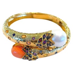 BOCHIC “Orient” Bangle Set 22k Gold & Silver with Pearls & Fancy Color Sapphires