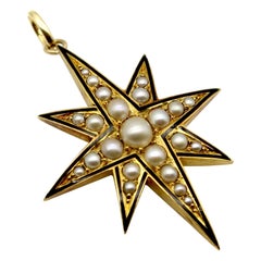 Antique Victorian 15K Gold Northern Star Pendant with Pearls and Enamel 