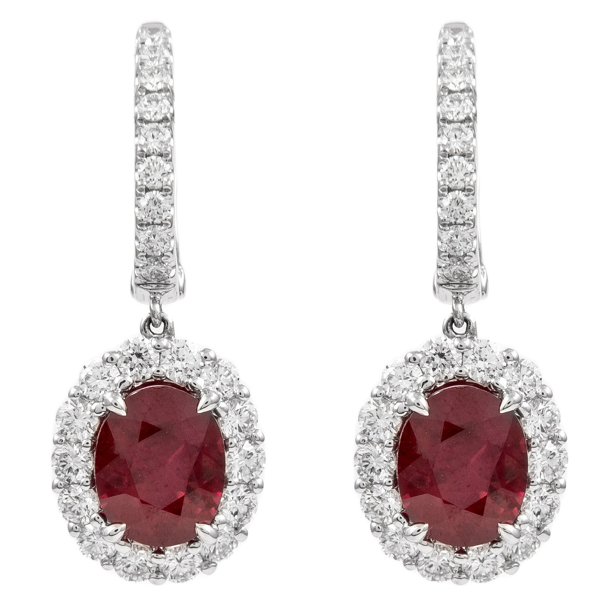 Alexander GIA 4.91ct Oval Burmese Ruby with Diamond Halo Drop Earrings 18k Gold For Sale
