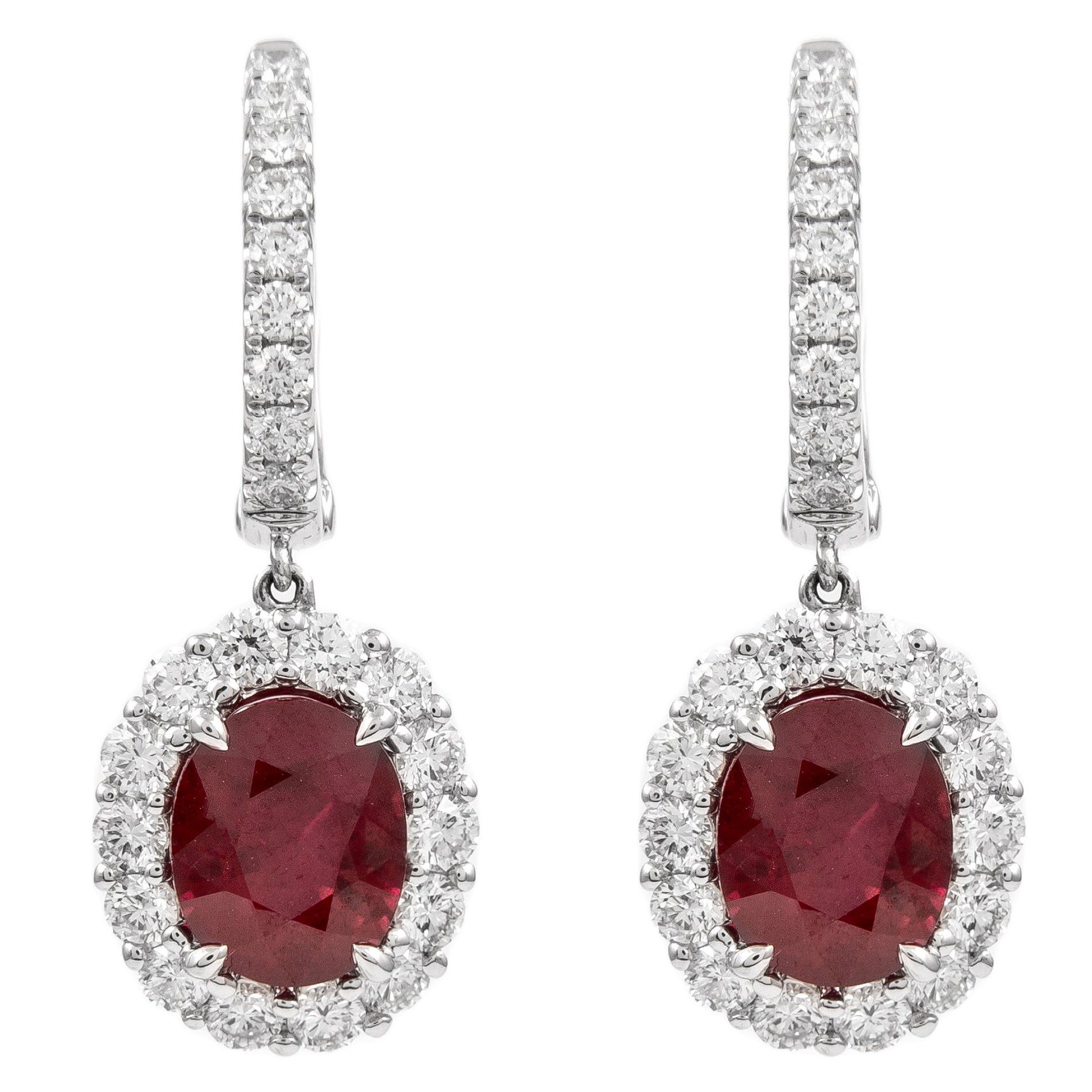 Alexander GIA 4.91ct Oval Burmese Ruby with Diamond Halo Drop Earrings 18k Gold