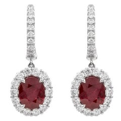 Alexander GIA 4.91ct Oval Burmese Ruby with Diamond Halo Drop Earrings 18k Gold (Boucles d'oreilles pendantes en or 18k)