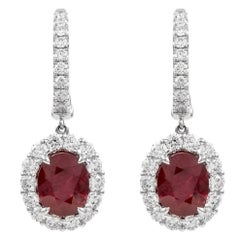 Alexander GIA 4.91ct Oval Burmese Ruby with Diamond Halo Drop Earrings 18k Gold