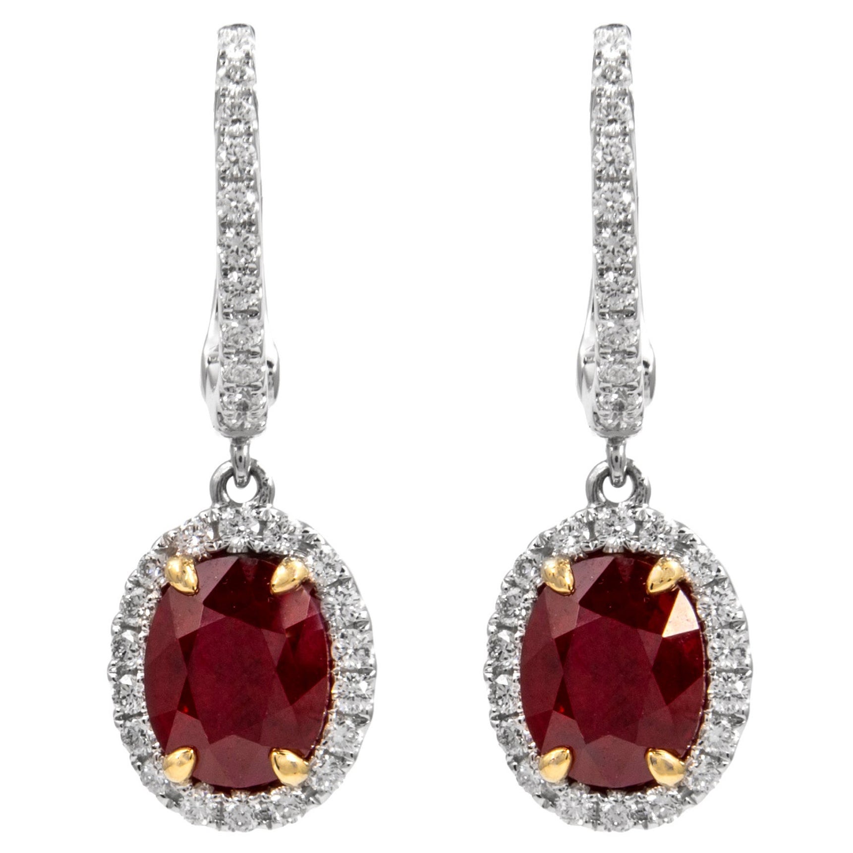 Alexander GIA 4.20ct Oval Burmese Ruby with Diamond Halo Drop Earrings 18k Gold For Sale