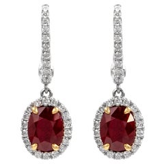 Alexander GIA 4.20ct Oval Burmese Ruby with Diamond Halo Drop Earrings 18k Gold