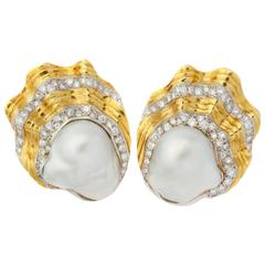 Large Baroque Pearl Diamond Gold Shell Ear Clips 11