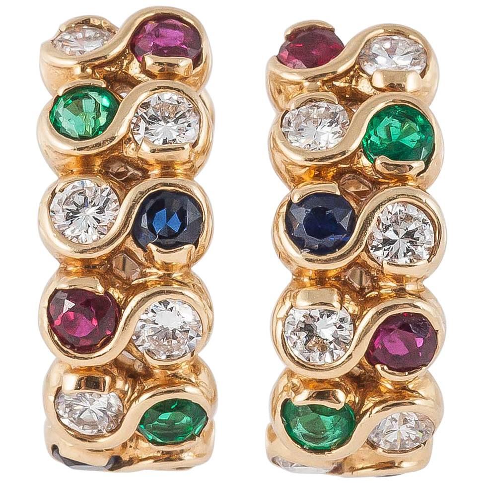Multi Coloured Gem Set Gold Clip Earrings For Sale