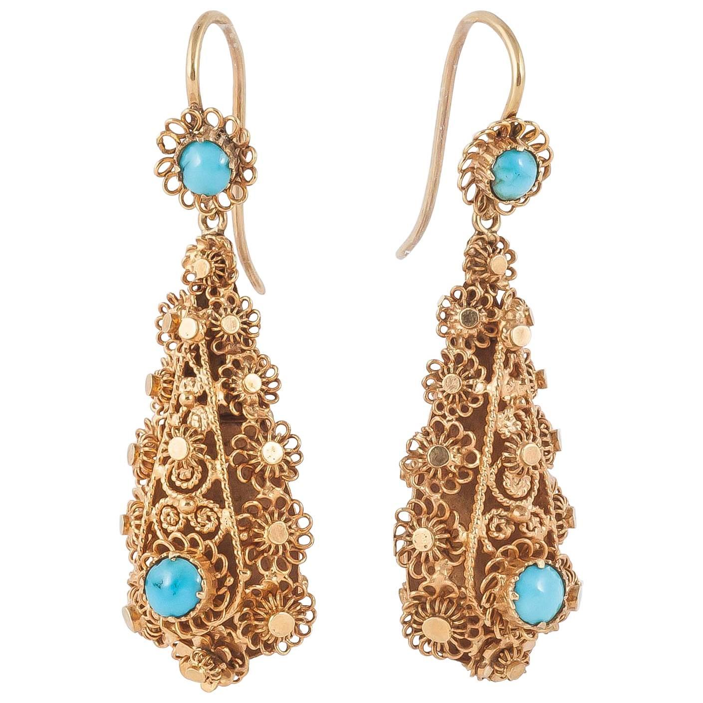 Regency Türkis Gold Cannetille Tropfenohrringe im Angebot