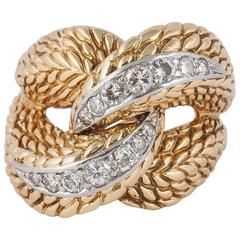 1960s Diamond Gold Rope Texture Crossover Dress Ring 10