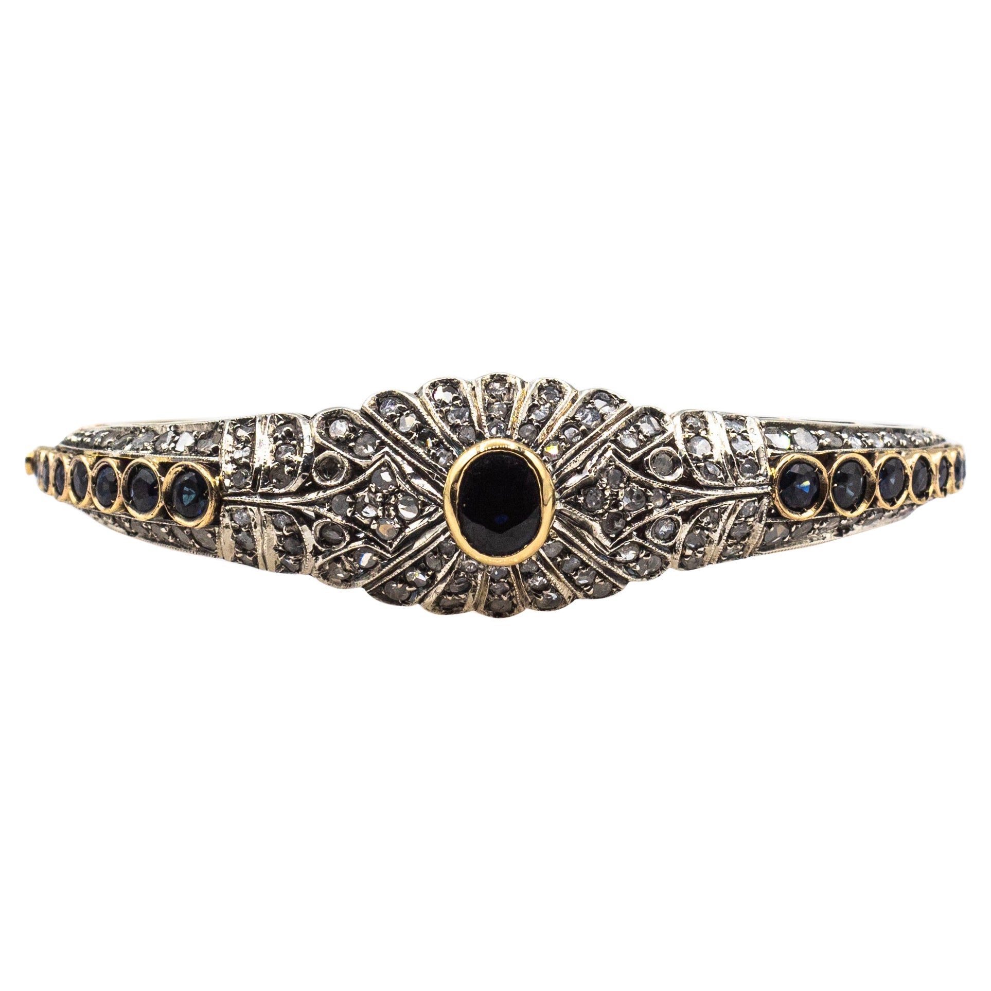 Art Deco Style White Rose Cut Diamond Blue Sapphire Yellow Gold Bangle Bracelet