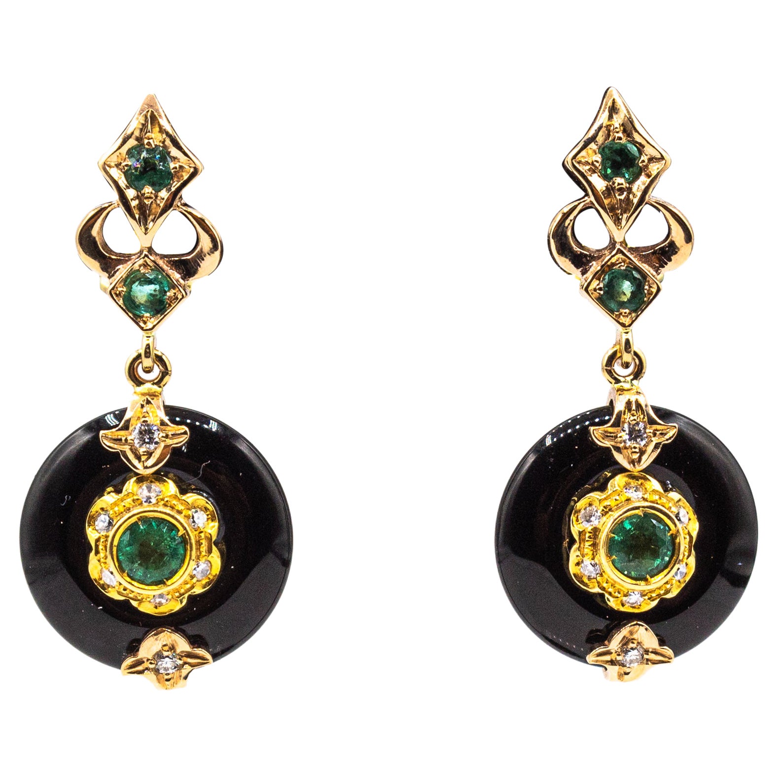Art Deco Style White Diamond Handcut Onyx Emerald Yellow Gold Clip-On Earrings