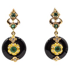 Art Deco Style White Diamond Handcut Onyx Emerald Yellow Gold Clip-On Earrings