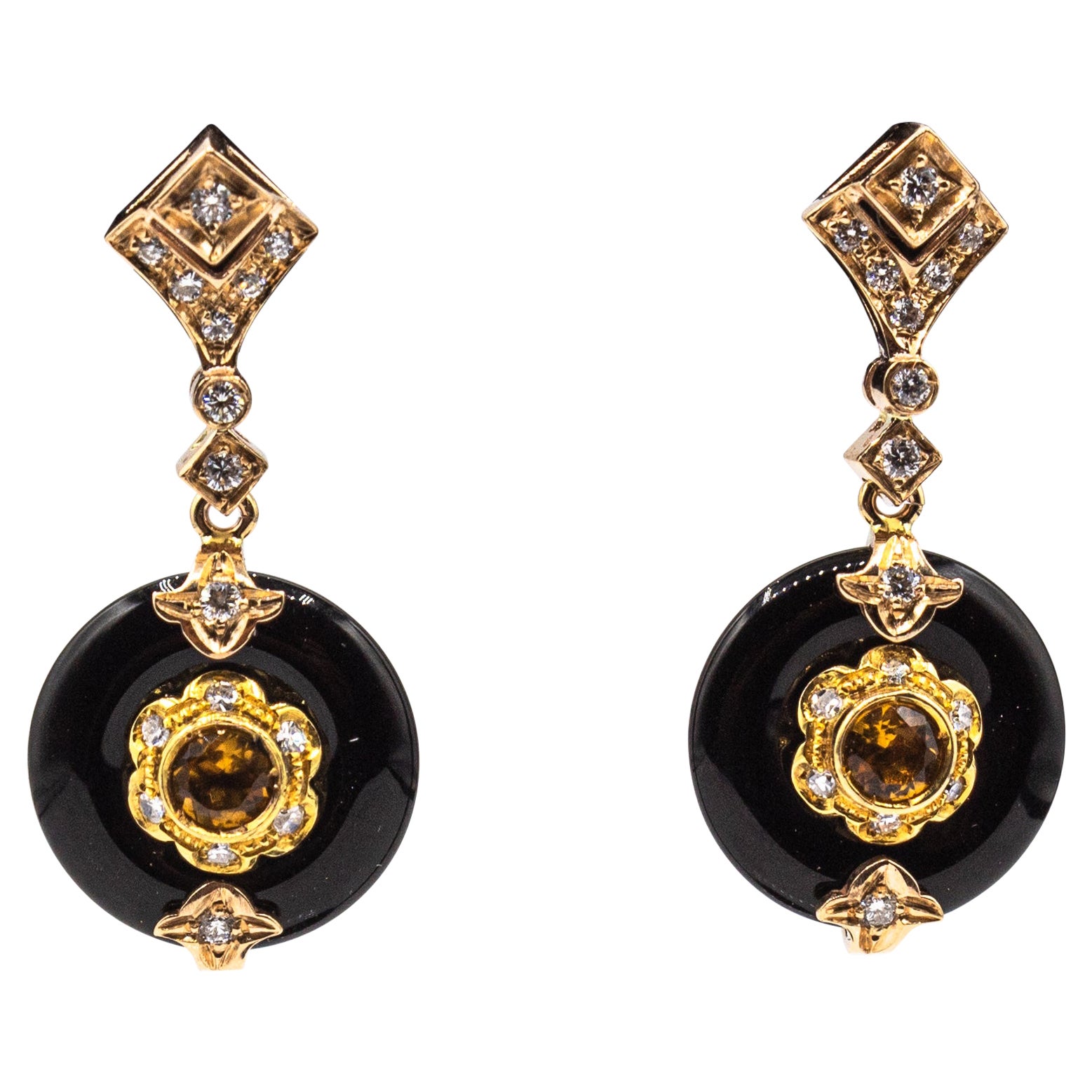 Art Deco Style White Diamond Handcut Onyx Citrine Yellow Gold Stud Earrings For Sale