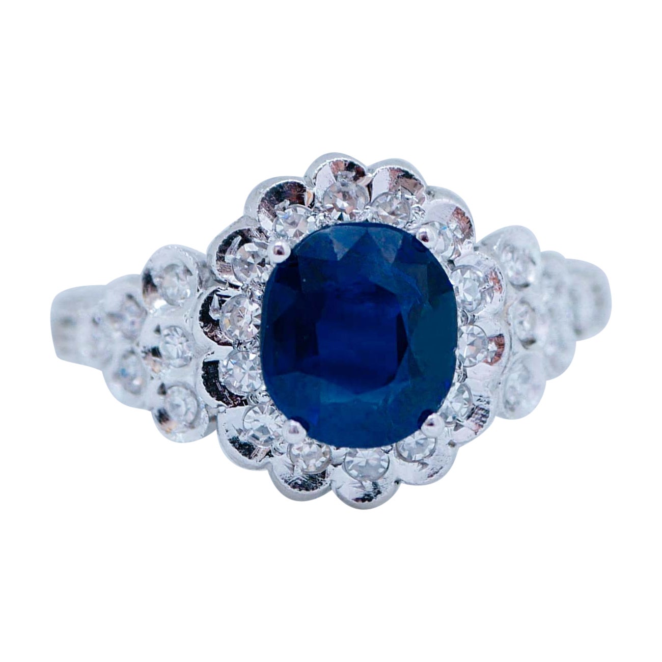 Sapphire, Diamonds, Platinum Retrò Ring. For Sale