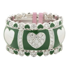 18 Karat White Gold Green Enamel and Pave Diamond Heart Station Band