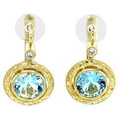 2.78 Carat Total Round Aquamarine and Diamond Drop Earrings in 18k Yellow Gold