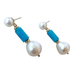 Marina J. Studded Pearl & Turquoise Earrings with solid 14k Yellow Gold 
