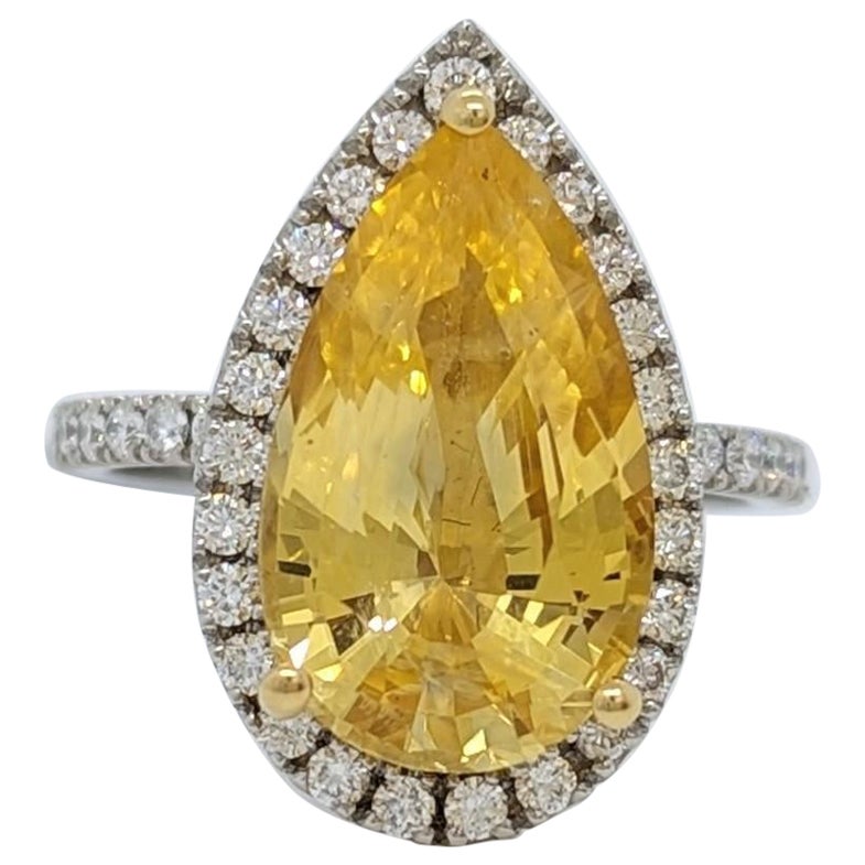 GIA Unheated Orangy Yellow Sapphire Pear and White Diamond Cocktail Ring For Sale