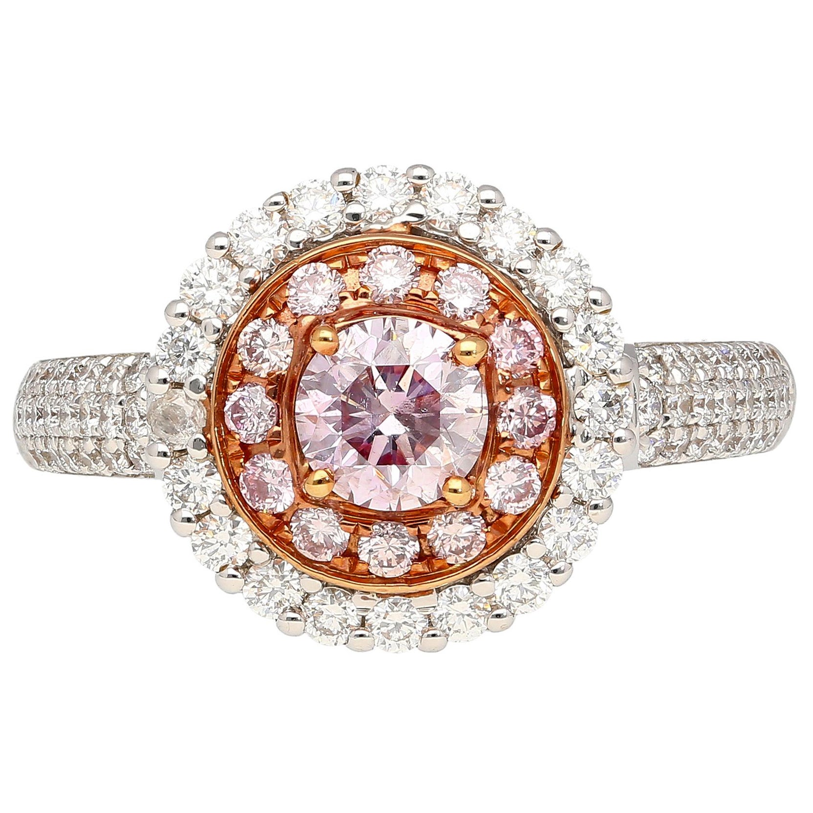 Bague en diamant rond rose-violet fantaisie de 1,38 carat avec halo de diamants certifiés GIA