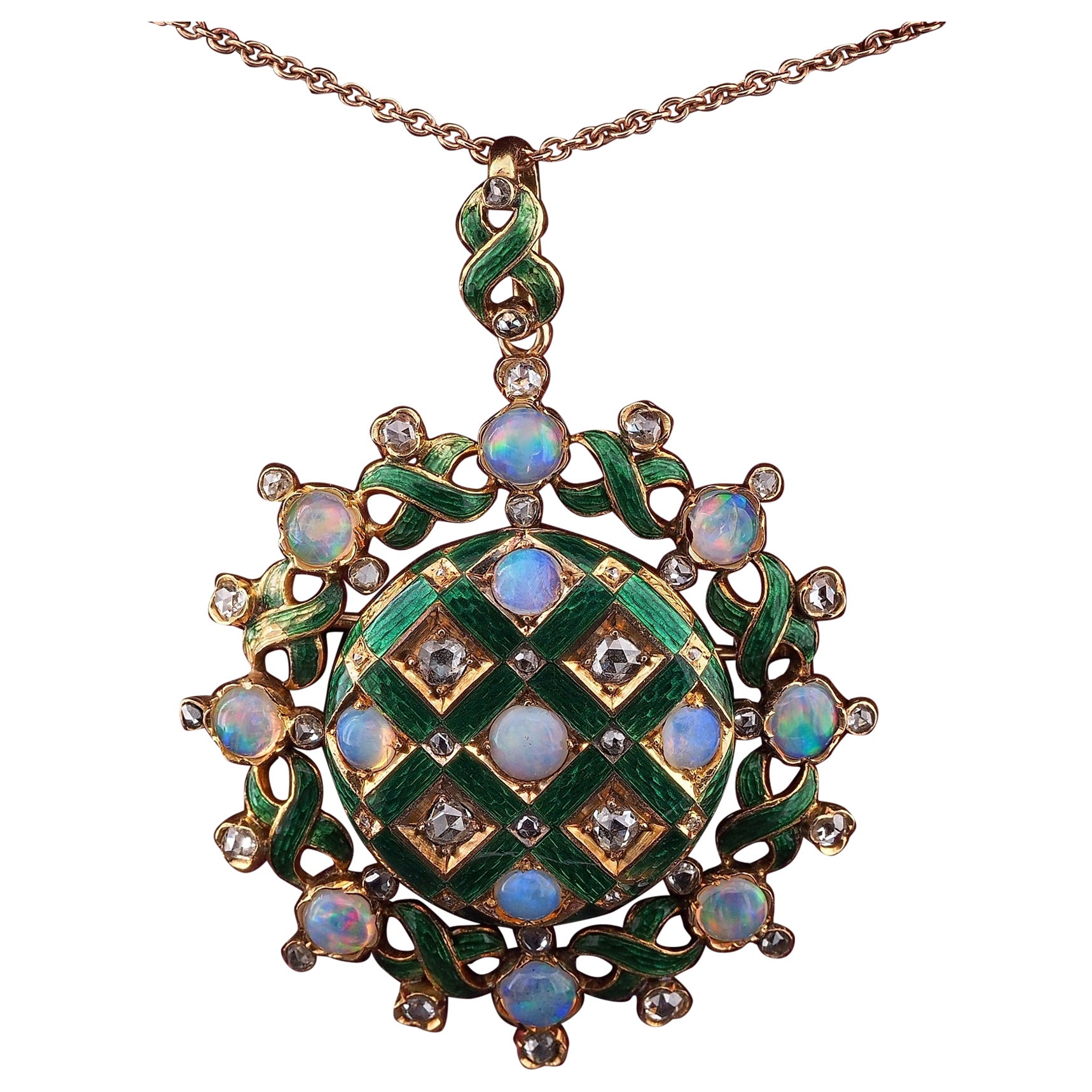 Grande broche pendentif victorienne en opale, diamants et émail 18 KT