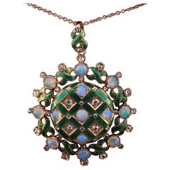 Victorian Opal Diamond Enamel Large Brooch Pendant 18 KT