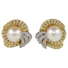 Retro Fabulous South Sea Pearl Diamond 18 KT Bow Earrings