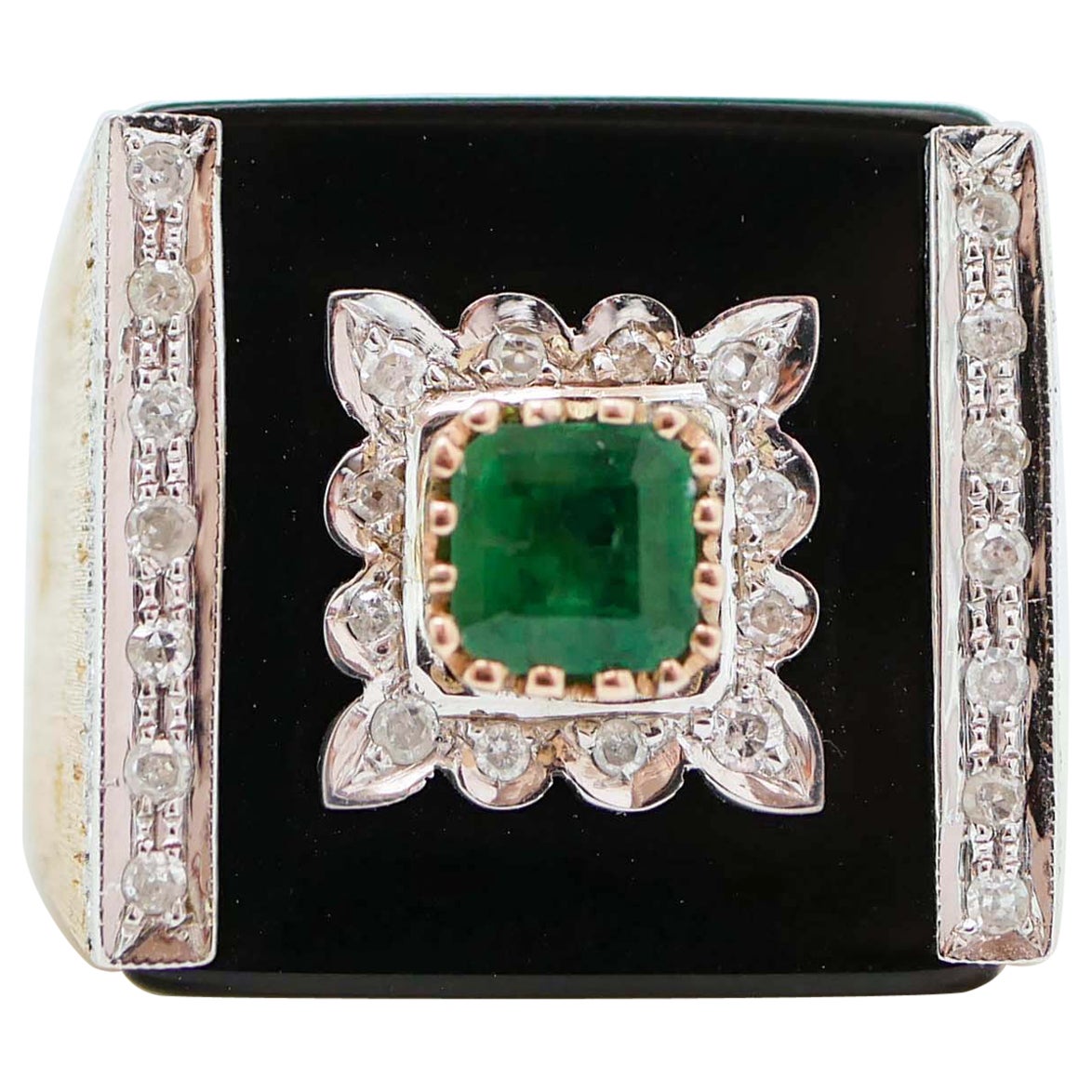 Onyx, Emerald, Diamonds, 9 Karat Rose Gold Ring. For Sale