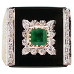 Onyx, Emerald, Diamonds, 9 Karat Rose Gold Ring.