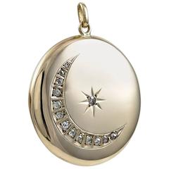 Large Antique Moon and Star Rose Gold and Diamond Locket