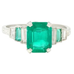 Art Deco 1.92 CTW Emerald Diamond Platinum Stepped Vintage Ring GIA