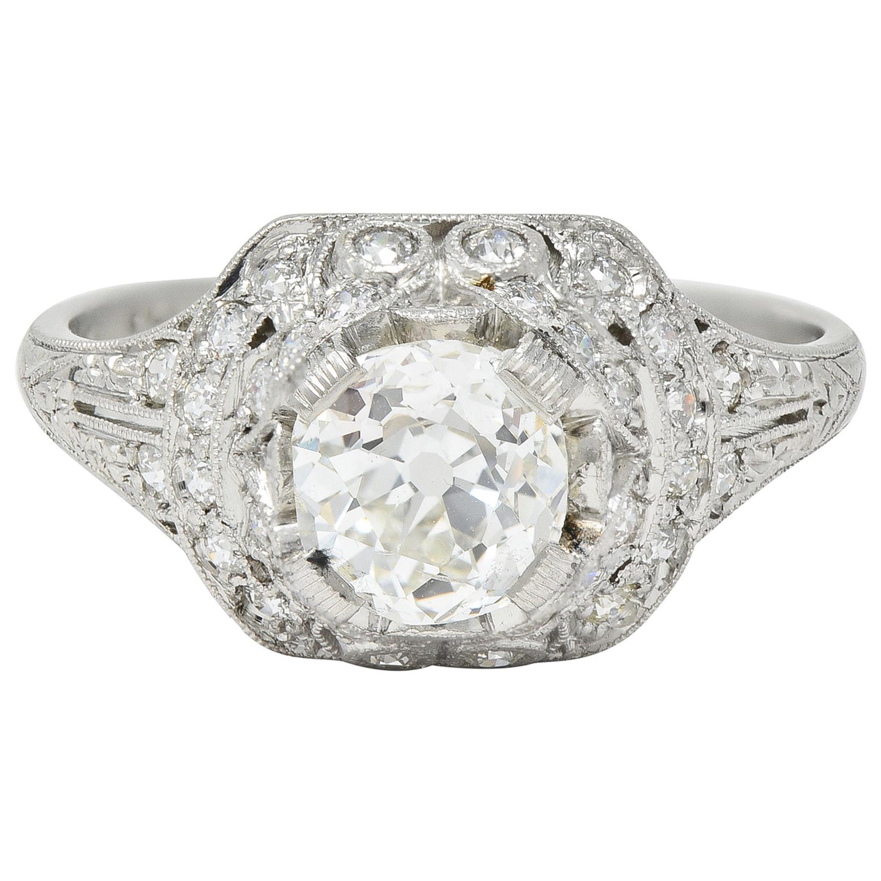 Art Deco 1.71 CTW Old Mine Cut Diamond Platinum Ribbon Engagement Ring For Sale