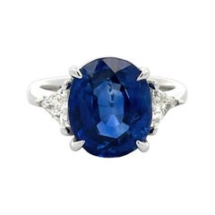 Three Stone Ceylon Sapphire & Trilliant Diamond Ring 6.46ct TR.36ct 18k WG  