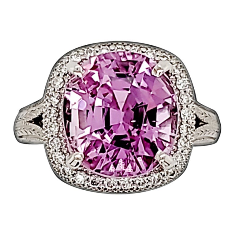Fine Med Colored Pink 8.70ct Kunzite set in 14kt White Gold Ring with Diamonds For Sale