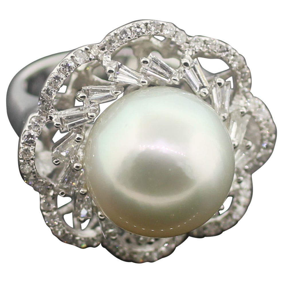 Hakimoto 18K White Gold & Diamonds 14.5 mm South Sea Pearl Cocktail Ring For Sale