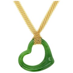 Elsa Peretti for Tiffany & Co. Open Heart Jade Pendant Long Mesh Necklace