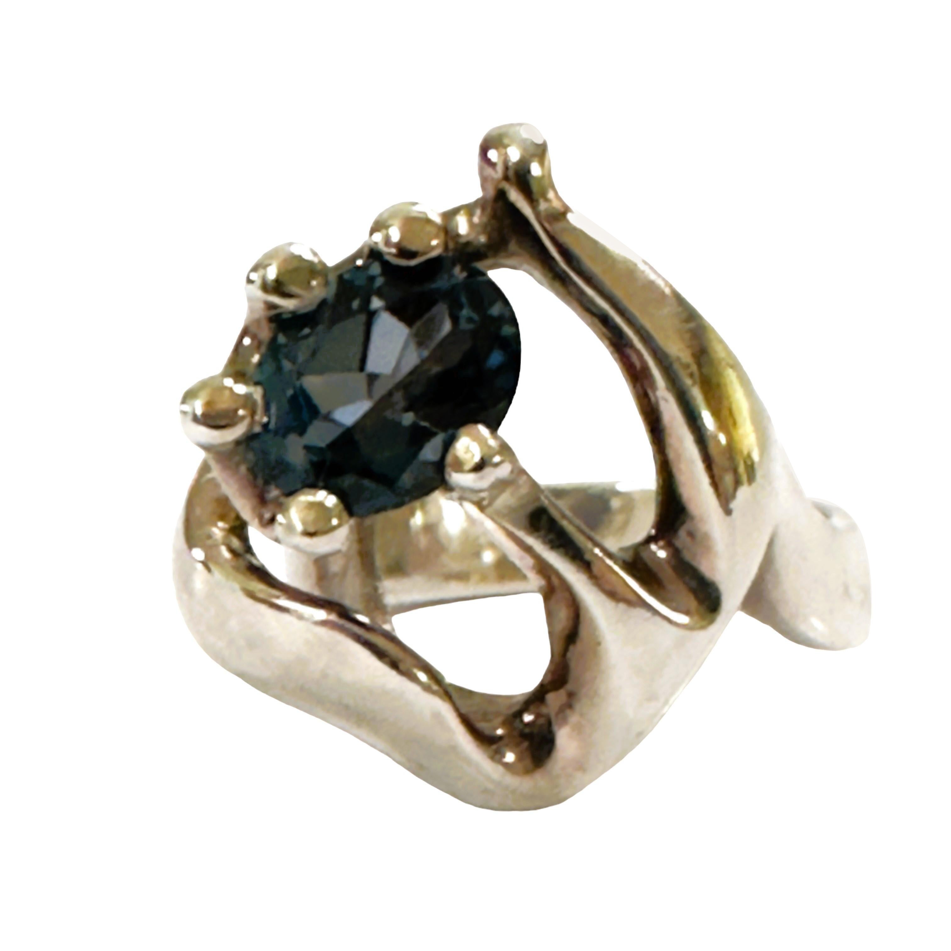 Pre-Owned 2.54 Ct London Blue Topaz Modernist Brutalist Sterling Silver Ring For Sale