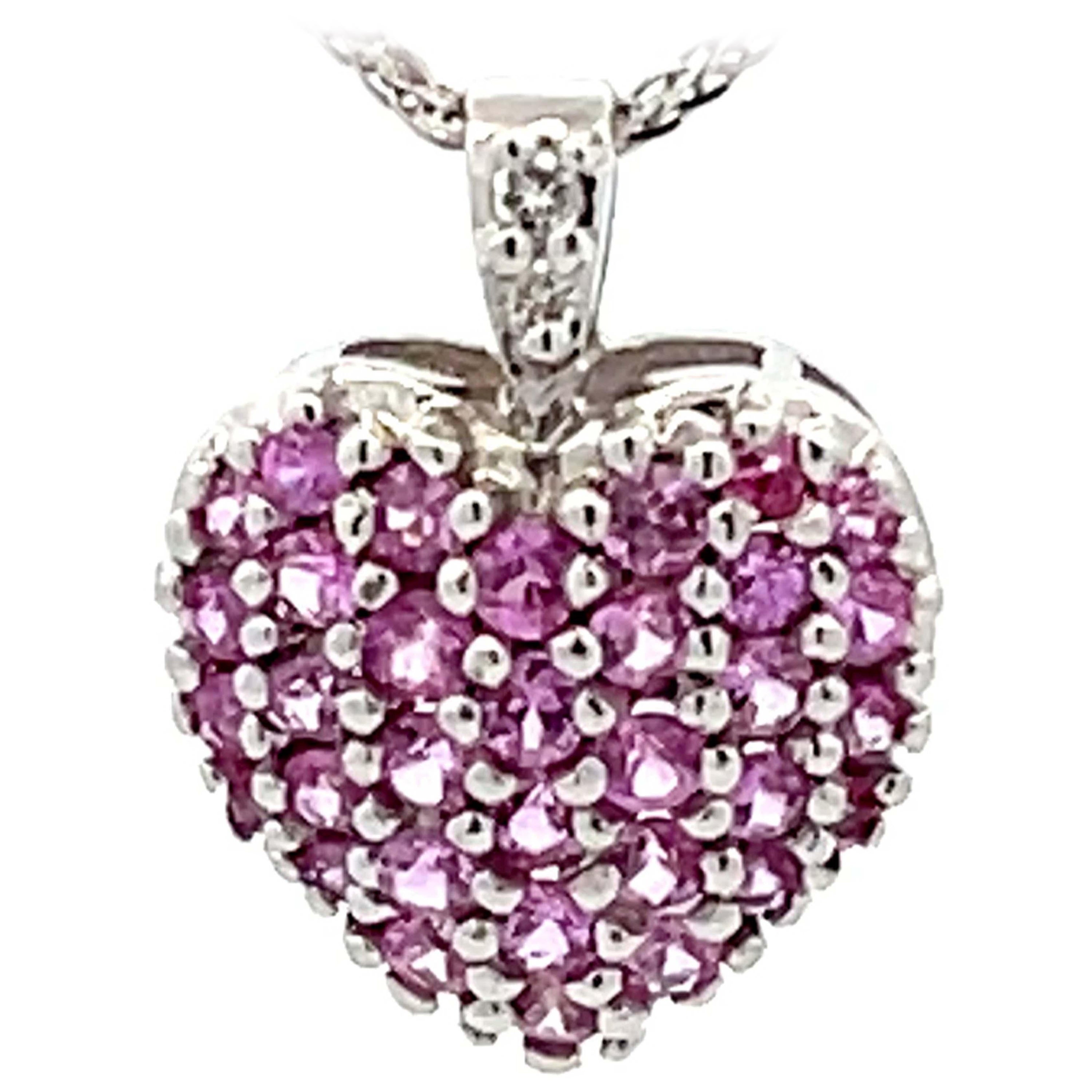 Pink Topaz and Diamond Heart Necklace 14K White Gold