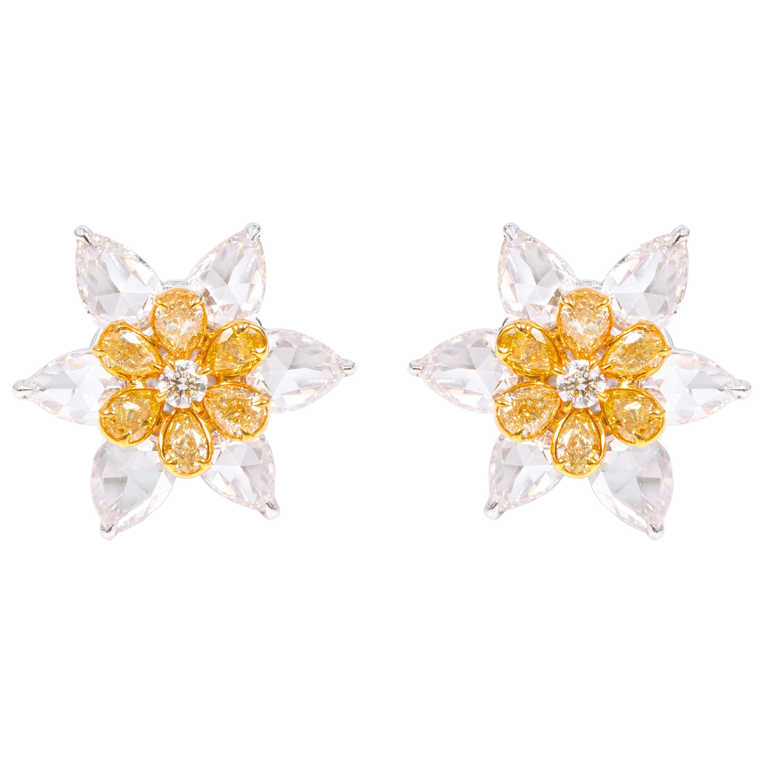 18 Karat Gold 6.12 Carat Yellow Diamond and White Diamond Flower Stud Earrings For Sale