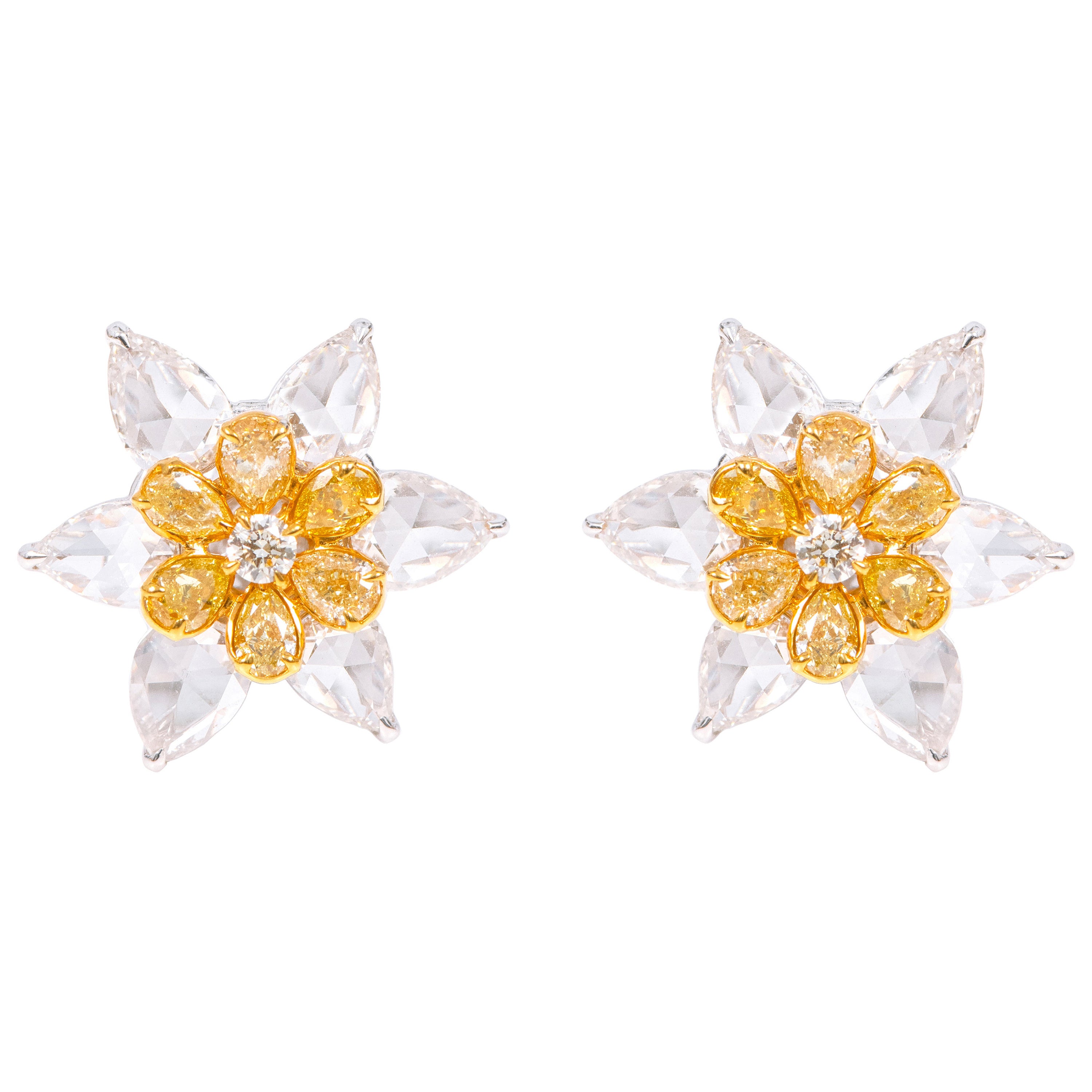 18 Karat Gold 6.12 Carat Yellow Diamond and White Diamond Flower Stud Earrings