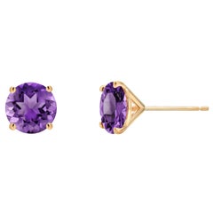 Matched Pair Deep Purple Amethyst 3.35 Carat Yellow Gold 0.33 Inch Stud Earrings