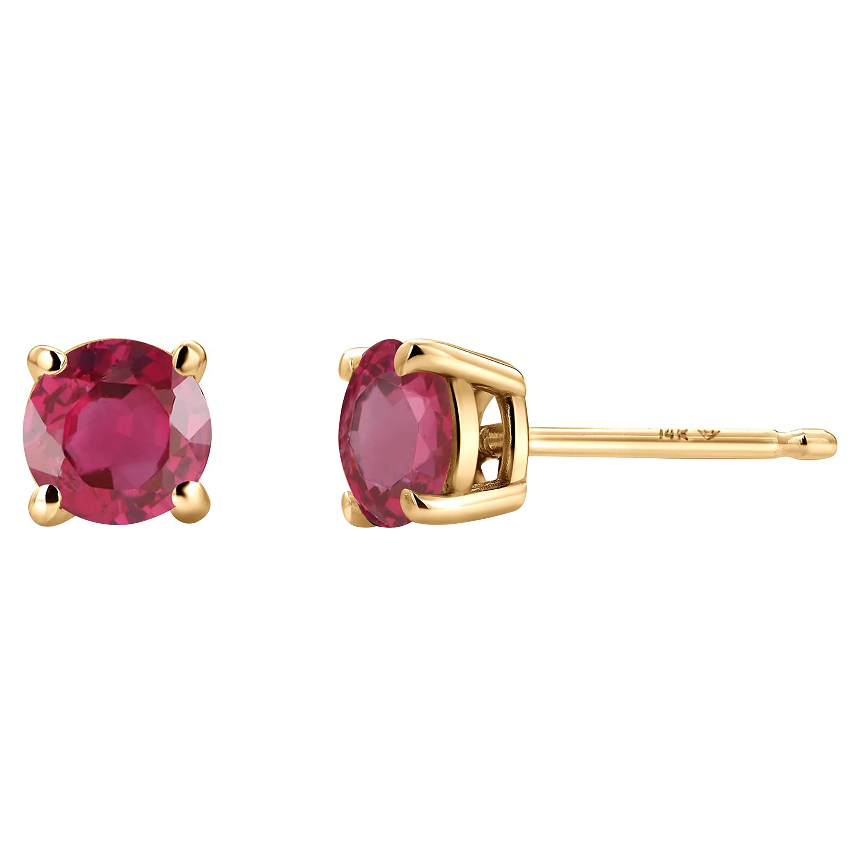 Two Matched Burma Rubies Weighing 1.05 Carat 0.20 Inch Yellow Gold Stud Earrings For Sale