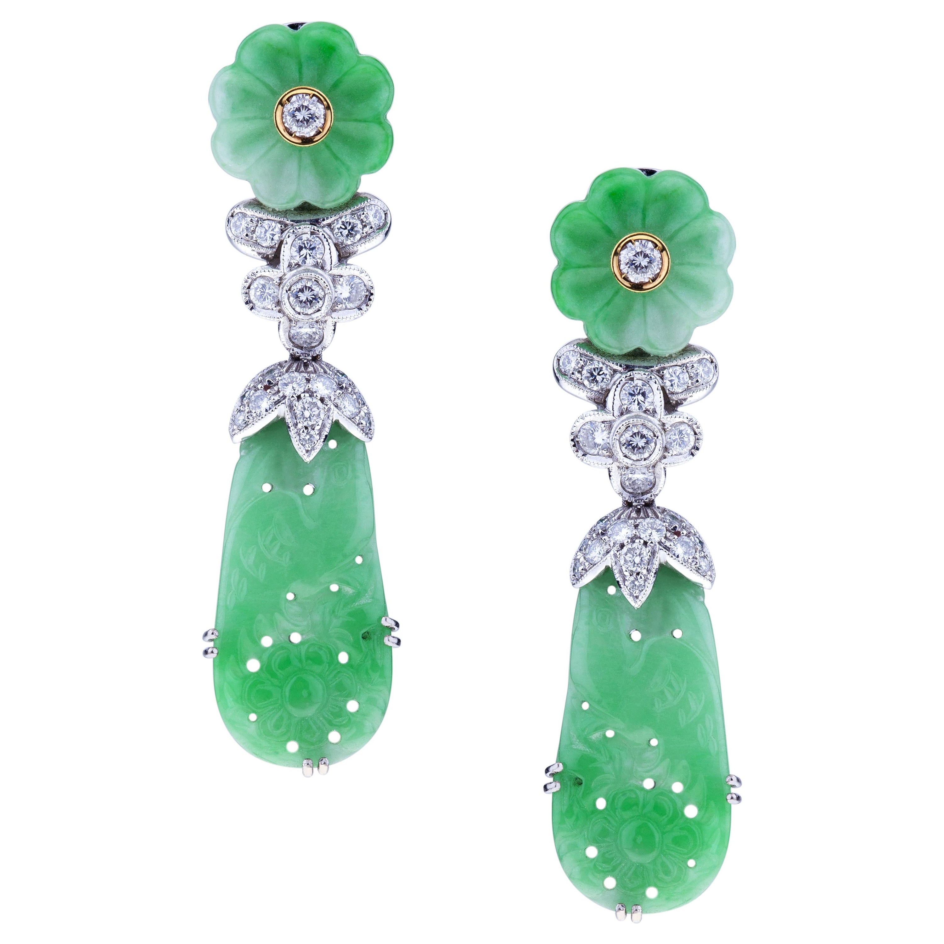 High Quality Translucent Hand Carved Jade Earrings with Diamonds For Sale