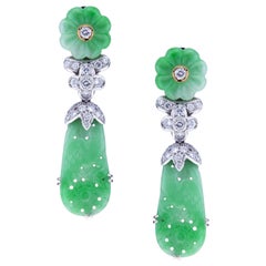 High Quality Translucent Hand Carved Jade Earrings with Diamonds