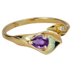 Lily Calla Gold Ring, 14 Karat Gold Ring with Amethyst and Diamonds