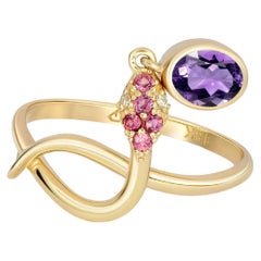 Used Snake Ring with Amethyst, Amethyst Gold Ring, Snake Gold Ring