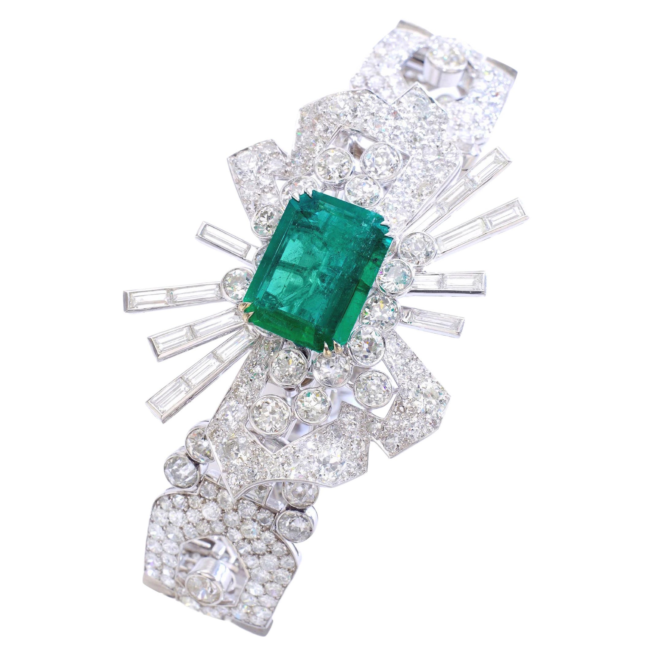 9.50 carat Emerald Diamond Platinum Bracelet convertible Brooch 1940S