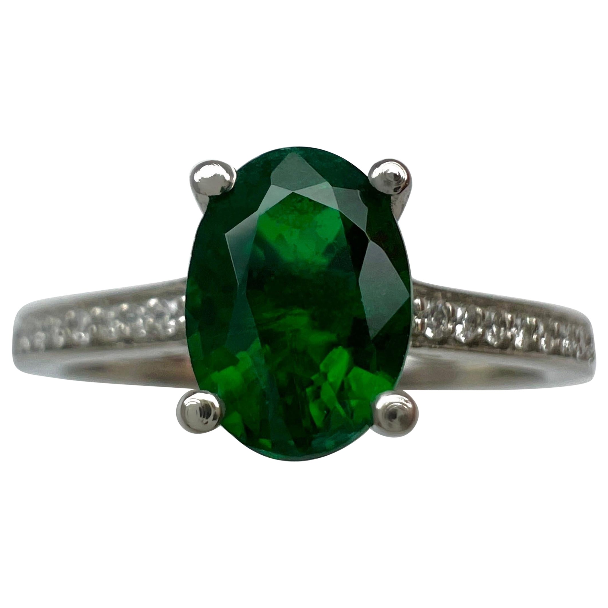 1 Carat Natural Emerald & Diamond Deep Green Oval Cut Platinum Solitaire Ring For Sale