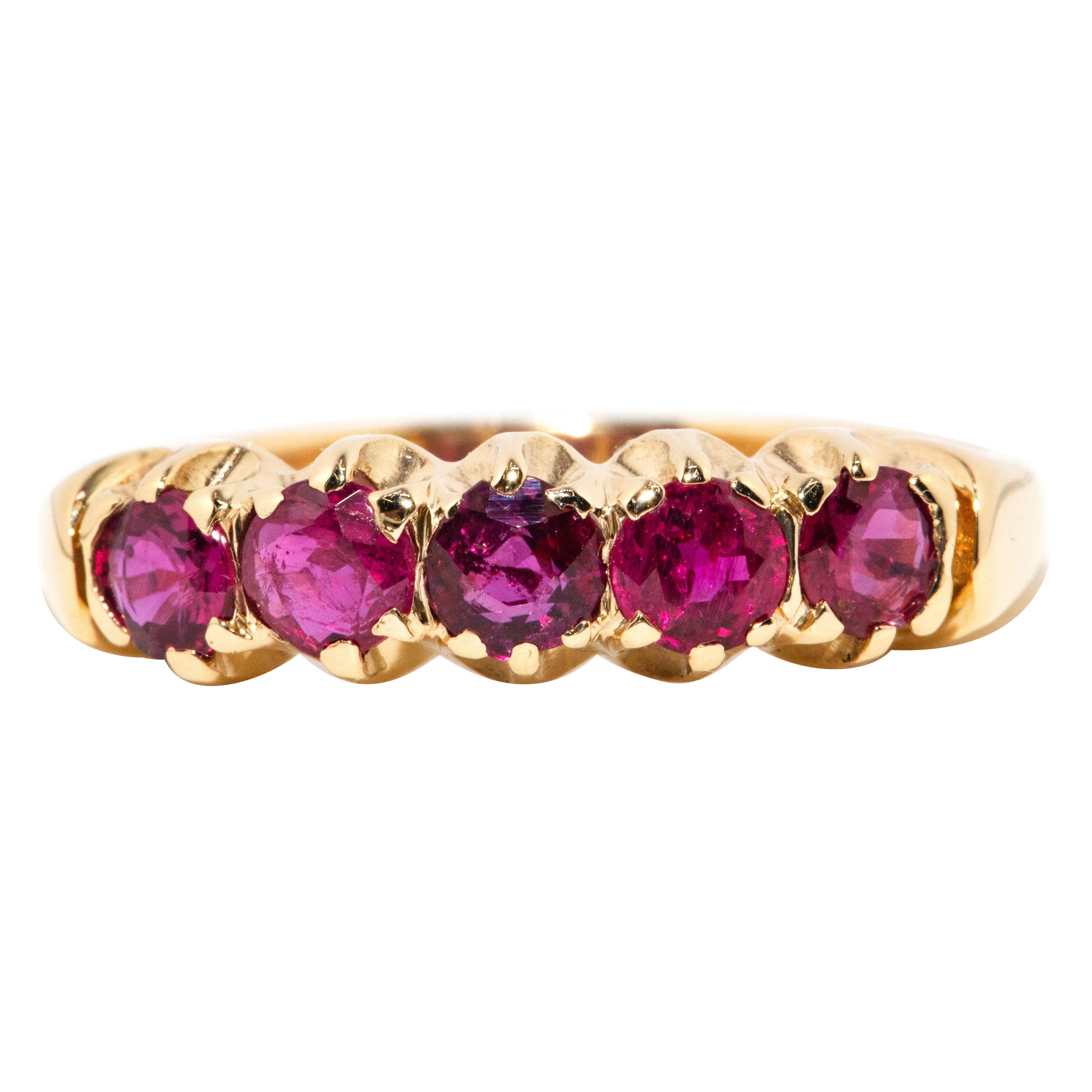 Vintage Circa 1970s 1.00 Carat Natural Ruby Five Stone Ring 9 Carat Yellow Gold For Sale